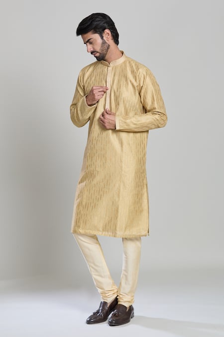 Buy_Arihant Rai Sinha_Gold Viscose, Polyester Woven Stripe Kurta Set _Online_at_Aza_Fashions