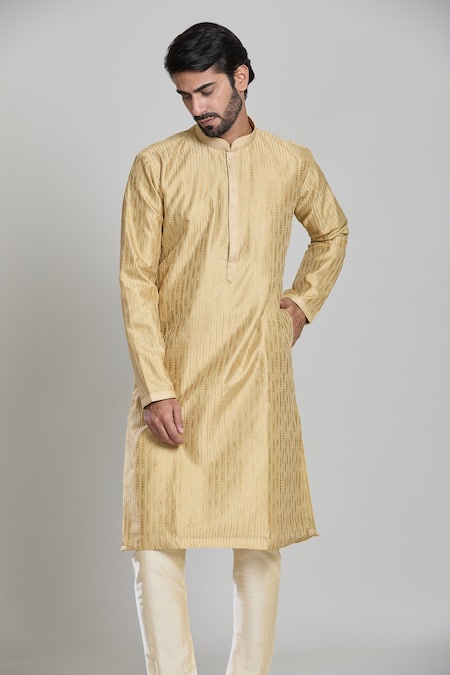 Shop_Arihant Rai Sinha_Gold Viscose, Polyester Woven Stripe Kurta Set _Online_at_Aza_Fashions