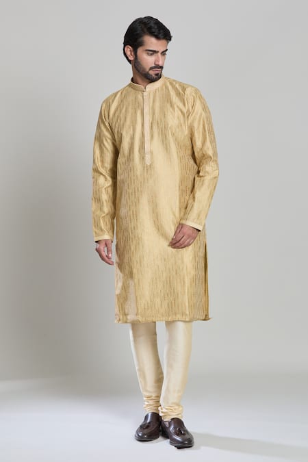 Buy_Arihant Rai Sinha_Gold Viscose, Polyester Woven Stripe Kurta Set 