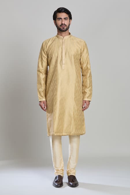 Arihant Rai Sinha_Gold Viscose Stripe Motif Woven Kurta _Online_at_Aza_Fashions