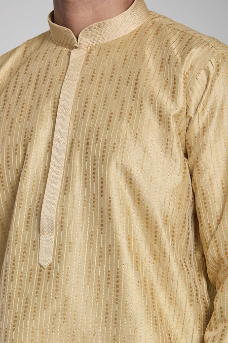 Buy_Arihant Rai Sinha_Gold Viscose Stripe Motif Woven Kurta _Online_at_Aza_Fashions