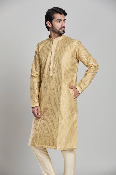 Shop_Arihant Rai Sinha_Gold Viscose Stripe Motif Woven Kurta _Online_at_Aza_Fashions