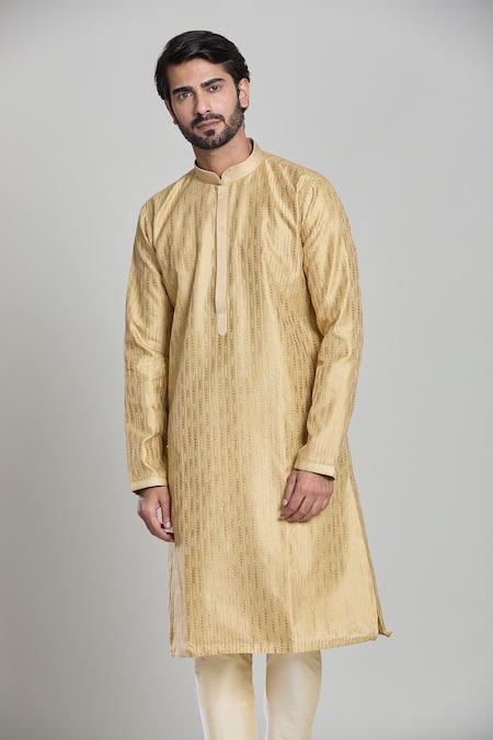 Arihant Rai Sinha_Gold Viscose Stripe Motif Woven Kurta _at_Aza_Fashions