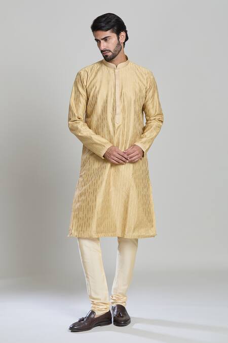 Buy_Arihant Rai Sinha_Gold Viscose Stripe Motif Woven Kurta 