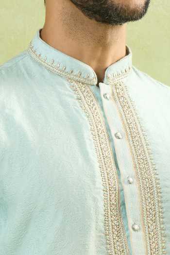 Arihant Rai Sinha_Blue Jacquard, Silk Zari, Embroidery Paisley Woven Kurta _Online_at_Aza_Fashions