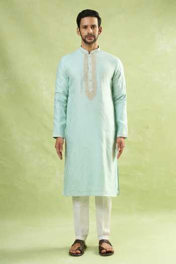 Buy_Arihant Rai Sinha_Blue Jacquard, Silk Zari, Embroidery Paisley Woven Kurta _Online_at_Aza_Fashions