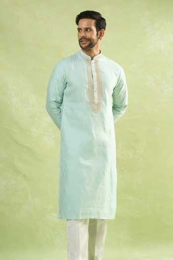 Shop_Arihant Rai Sinha_Blue Jacquard, Silk Zari, Embroidery Paisley Woven Kurta _Online_at_Aza_Fashions