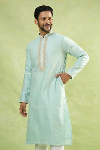 Arihant Rai Sinha_Blue Jacquard, Silk Zari, Embroidery Paisley Woven Kurta _at_Aza_Fashions
