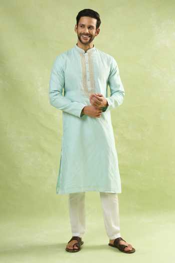 Shop_Arihant Rai Sinha_Blue Jacquard, Silk Zari, Embroidery Paisley Woven Kurta 