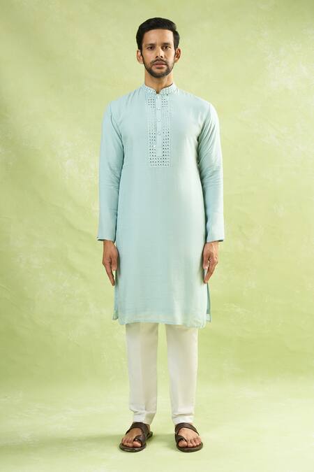 Arihant Rai Sinha_Sky Blue Cotton, Linen Mirrors, Embroidery Kurta_Online_at_Aza_Fashions