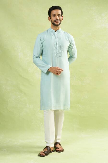 Buy_Arihant Rai Sinha_Sky Blue Cotton, Linen Mirrors, Embroidery Kurta_Online_at_Aza_Fashions