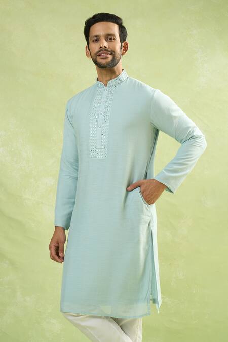 Shop_Arihant Rai Sinha_Sky Blue Cotton, Linen Mirrors, Embroidery Kurta_Online_at_Aza_Fashions