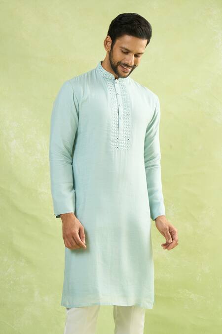Arihant Rai Sinha_Sky Blue Cotton, Linen Mirrors, Embroidery Kurta_at_Aza_Fashions