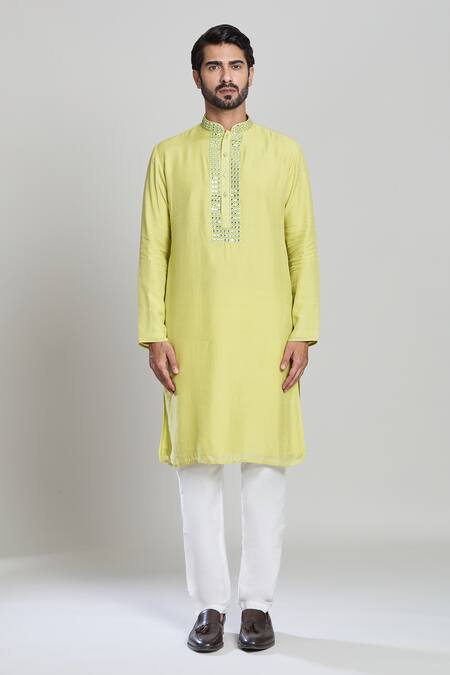 Arihant Rai Sinha_Green Cotton, Linen, Polyester Mirrors, Embroidery And Thread Kurta Set_Online_at_Aza_Fashions