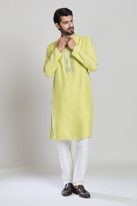 Buy_Arihant Rai Sinha_Green Cotton, Linen, Polyester Mirrors, Embroidery And Thread Kurta Set_Online_at_Aza_Fashions