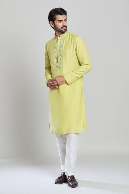 Shop_Arihant Rai Sinha_Green Cotton, Linen, Polyester Mirrors, Embroidery And Thread Kurta Set_Online_at_Aza_Fashions