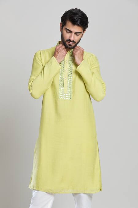 Arihant Rai Sinha_Green Cotton, Linen, Polyester Mirrors, Embroidery And Thread Kurta Set_at_Aza_Fashions