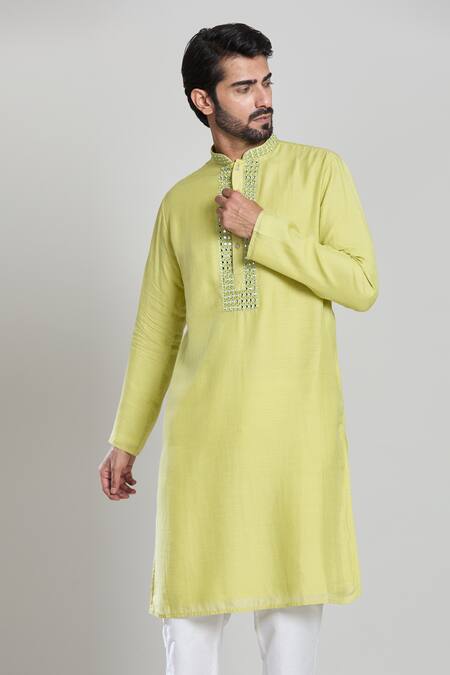 Buy_Arihant Rai Sinha_Green Cotton, Linen Mirrors, Embroidery Mandarin Collar Kurta_Online_at_Aza_Fashions