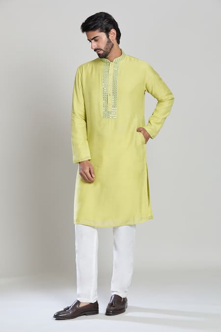 Shop_Arihant Rai Sinha_Green Cotton, Linen Mirrors, Embroidery Mandarin Collar Kurta_Online_at_Aza_Fashions
