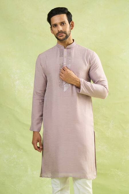 Arihant Rai Sinha_Purple Cotton, Linen Mirrors, Embroidery And Thread Kurta_at_Aza_Fashions