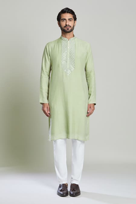 Arihant Rai Sinha Green Cotton, Linen Mirrors, Embroidery Geometric Kurta Online at Aza Fashions Arihant Rai Sinha_Green Cotton, Linen Mirrors, Embroidery Geometric Kurta_Online_at_Aza_Fashions