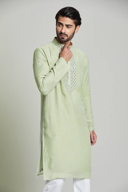 Buy Arihant Rai Sinha Green Cotton, Linen Mirrors, Embroidery Geometric Kurta Online at Aza Fashions Buy_Arihant Rai Sinha_Green Cotton, Linen Mirrors, Embroidery Geometric Kurta_Online_at_Aza_Fashions