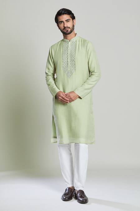 Shop Arihant Rai Sinha Green Cotton, Linen Mirrors, Embroidery Geometric Kurta Online at Aza Fashions Shop_Arihant Rai Sinha_Green Cotton, Linen Mirrors, Embroidery Geometric Kurta_Online_at_Aza_Fashions