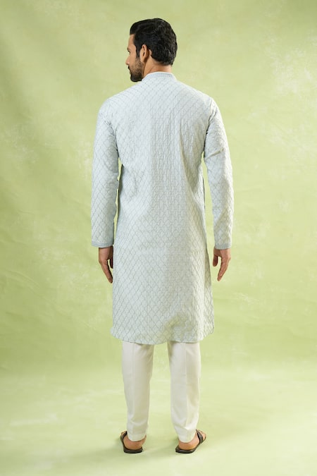 Shop Arihant Rai Sinha Blue Viscose, Polyester Embroidery Geometric Jaal Kurta Set at Aza Fashions Shop_Arihant Rai Sinha_Blue Viscose, Polyester Embroidery Geometric Jaal Kurta Set _at_Aza_Fashions