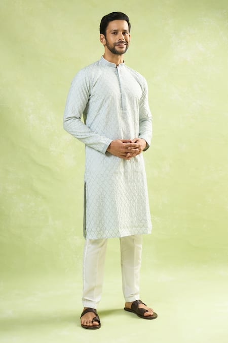 Shop Arihant Rai Sinha Blue Viscose, Polyester Embroidery Geometric Jaal Kurta Set Online at Aza Fashions Shop_Arihant Rai Sinha_Blue Viscose, Polyester Embroidery Geometric Jaal Kurta Set _Online_at_Aza_Fashions