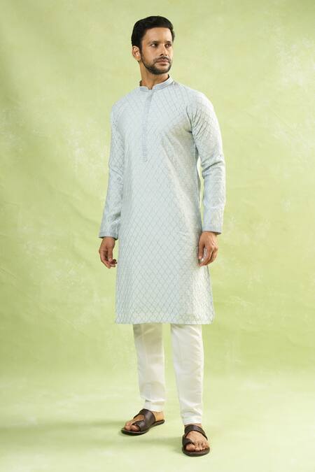 Arihant Rai Sinha Blue Viscose, Polyester Embroidery Geometric Jaal Kurta Set at Aza Fashions Arihant Rai Sinha_Blue Viscose, Polyester Embroidery Geometric Jaal Kurta Set _at_Aza_Fashions