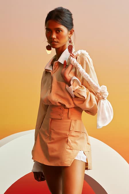 Ituvana Beige Layered Shirt & Skirt Set 