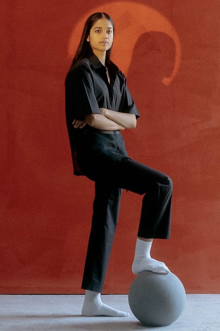 Shop Ituvana Black Cotton, Silk Organza Collared Panel Shirt And Pant Set at Aza Fashions Shop_Ituvana_Black Cotton, Silk Organza Collared Panel Shirt And Pant Set _at_Aza_Fashions