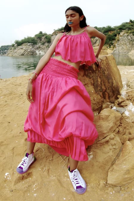 Ituvana Fuchsia Silk Crop Top & Balloon Skirt Set 