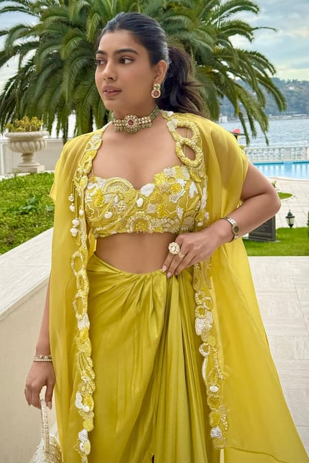 Buy One Knot One By Ashna Yellow Crepe, Silk Satin Sequins, Zari Zardozi Embroidered Cape Skirt Set Online at Aza Fashions Buy_One Knot One By Ashna_Yellow Crepe, Silk Satin Sequins, Zari Zardozi Embroidered Cape Skirt Set _Online_at_Aza_Fashions