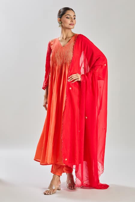 Naintara Bajaj_Orange Silk, Organza Cut Work, Embroidery, Pearls Heart Cutdana Kurta Set _at_Aza_Fashions