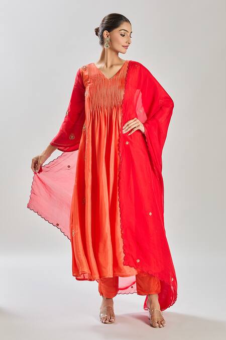 Buy_Naintara Bajaj_Orange Silk, Organza Cut Work, Embroidery, Pearls Heart Cutdana Kurta Set 