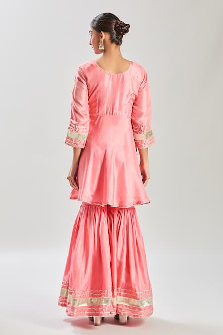 Shop Samyukta Singhania Peach Silk, Organza Gota Patti, Sequins, Lace Embellished Kurta Sharara Set at Aza Fashions Shop_Samyukta Singhania_Peach Silk, Organza Gota Patti, Sequins, Lace Embellished Kurta Sharara Set _at_Aza_Fashions