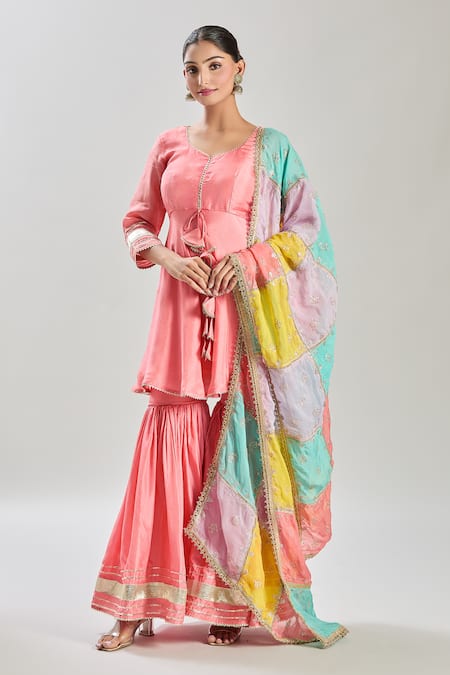 Samyukta Singhania Peach Silk, Organza Gota Patti, Sequins, Lace Embellished Kurta Sharara Set Online at Aza Fashions Samyukta Singhania_Peach Silk, Organza Gota Patti, Sequins, Lace Embellished Kurta Sharara Set _Online_at_Aza_Fashions