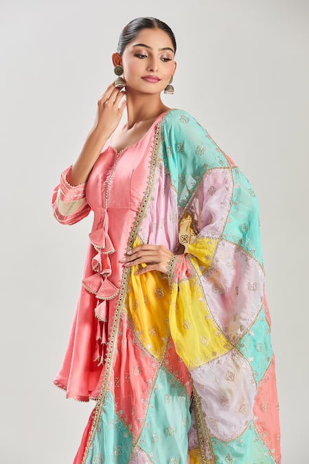 Buy Samyukta Singhania Peach Silk, Organza Gota Patti, Sequins, Lace Embellished Kurta Sharara Set Online at Aza Fashions Buy_Samyukta Singhania_Peach Silk, Organza Gota Patti, Sequins, Lace Embellished Kurta Sharara Set _Online_at_Aza_Fashions