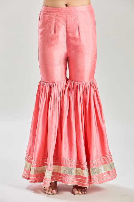 Shop Samyukta Singhania Peach Silk, Organza Gota Patti, Sequins, Lace Embellished Kurta Sharara Set Online at Aza Fashions Shop_Samyukta Singhania_Peach Silk, Organza Gota Patti, Sequins, Lace Embellished Kurta Sharara Set _Online_at_Aza_Fashions