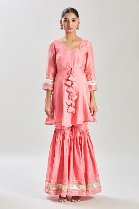 Samyukta Singhania Peach Silk, Organza Gota Patti, Sequins, Lace Embellished Kurta Sharara Set at Aza Fashions Samyukta Singhania_Peach Silk, Organza Gota Patti, Sequins, Lace Embellished Kurta Sharara Set _at_Aza_Fashions