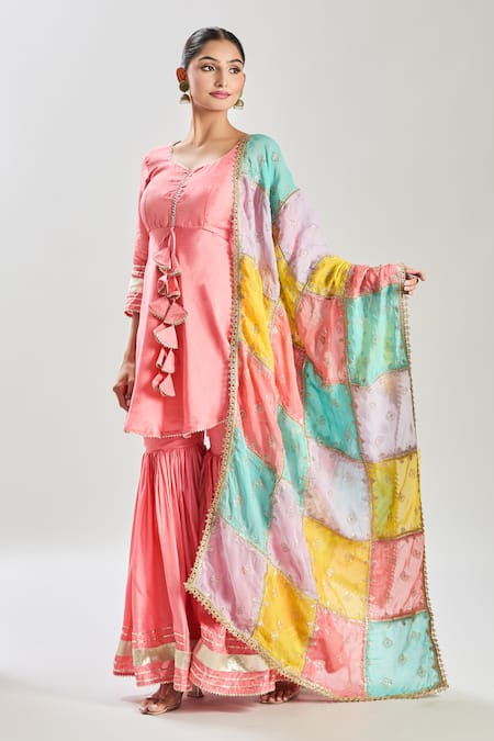 Buy Samyukta Singhania Peach Silk, Organza Gota Patti, Sequins, Lace Embellished Kurta Sharara Set Buy_Samyukta Singhania_Peach Silk, Organza Gota Patti, Sequins, Lace Embellished Kurta Sharara Set