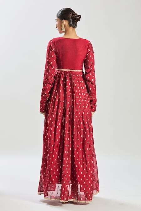 Shop Samyukta Singhania Red Chanderi, Organza Embroidery, Lace Floral Woven Anarkali Set With Jacket at Aza Fashions Shop_Samyukta Singhania_Red Chanderi, Organza Embroidery, Lace Floral Woven Anarkali Set With Jacket _at_Aza_Fashions