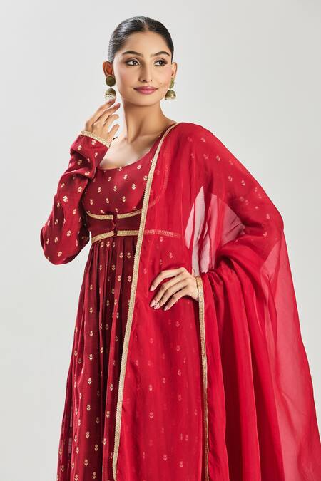 Samyukta Singhania Red Chanderi, Organza Embroidery, Lace Floral Woven Anarkali Set With Jacket Online at Aza Fashions Samyukta Singhania_Red Chanderi, Organza Embroidery, Lace Floral Woven Anarkali Set With Jacket _Online_at_Aza_Fashions