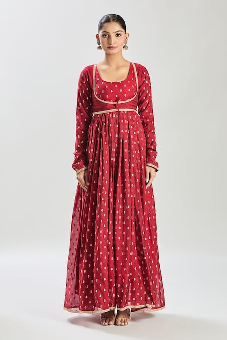 Buy Samyukta Singhania Red Chanderi, Organza Embroidery, Lace Floral Woven Anarkali Set With Jacket Online at Aza Fashions Buy_Samyukta Singhania_Red Chanderi, Organza Embroidery, Lace Floral Woven Anarkali Set With Jacket _Online_at_Aza_Fashions