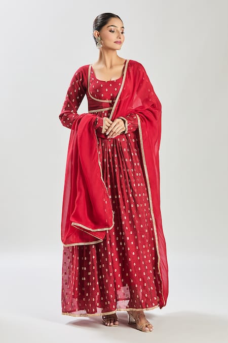 Shop Samyukta Singhania Red Chanderi, Organza Embroidery, Lace Floral Woven Anarkali Set With Jacket Online at Aza Fashions Shop_Samyukta Singhania_Red Chanderi, Organza Embroidery, Lace Floral Woven Anarkali Set With Jacket _Online_at_Aza_Fashions