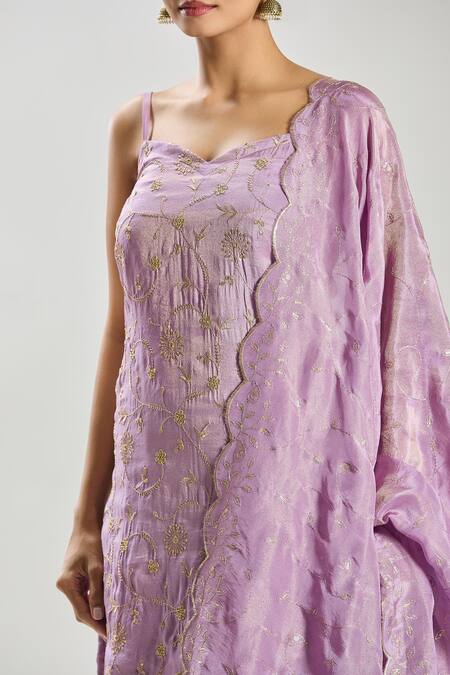 Buy_Samyukta Singhania_Purple Tissue Sequins, Zari Sweetheart Neck Floral Vine Embroidered Kurta Set_Online_at_Aza_Fashions