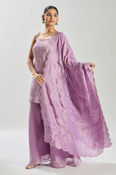 Buy_Samyukta Singhania_Purple Tissue Sequins, Zari Sweetheart Neck Floral Vine Embroidered Kurta Set