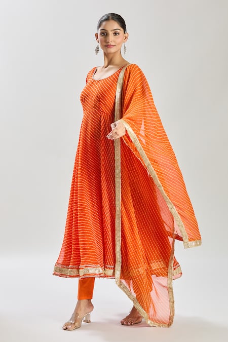 Shop_Naintara Bajaj_Orange Georgette, Cotton Lace Round Neck Embellished Leheriya Anarkali Set _Online_at_Aza_Fashions
