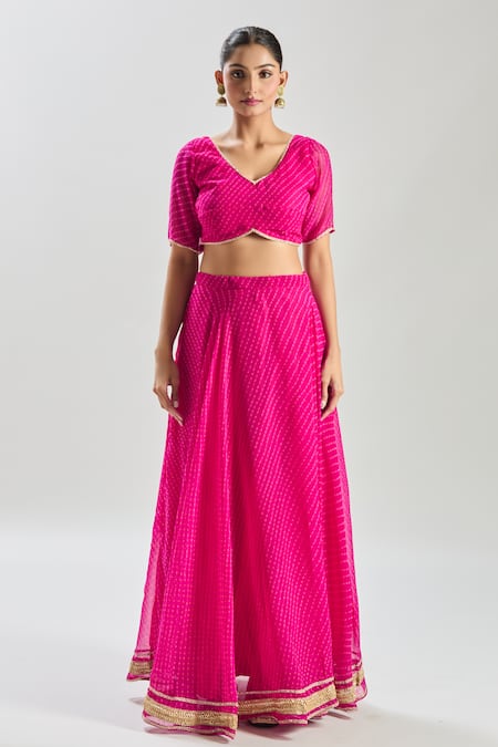 Naintara Bajaj_Pink Georgette Lace V-neck Leheriya Embellished Lehenga Set _at_Aza_Fashions